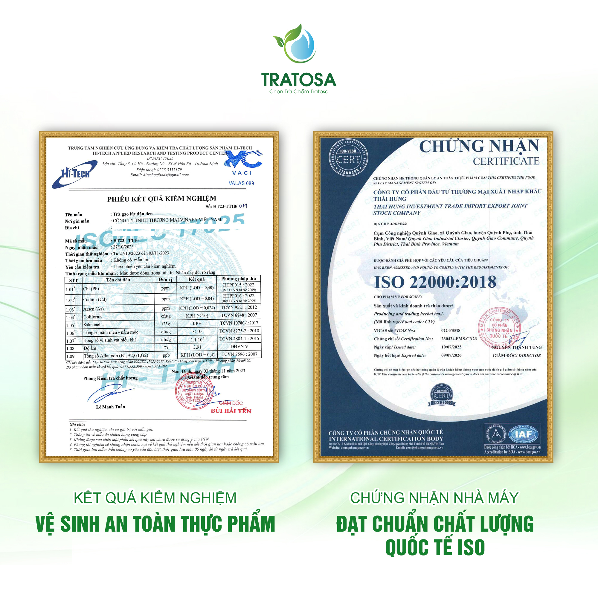 Trà Gạo Lứt Đậu Đen TRATOSA ( 600g) Phiếu kiểm nghiệm và giấy chứng nhận