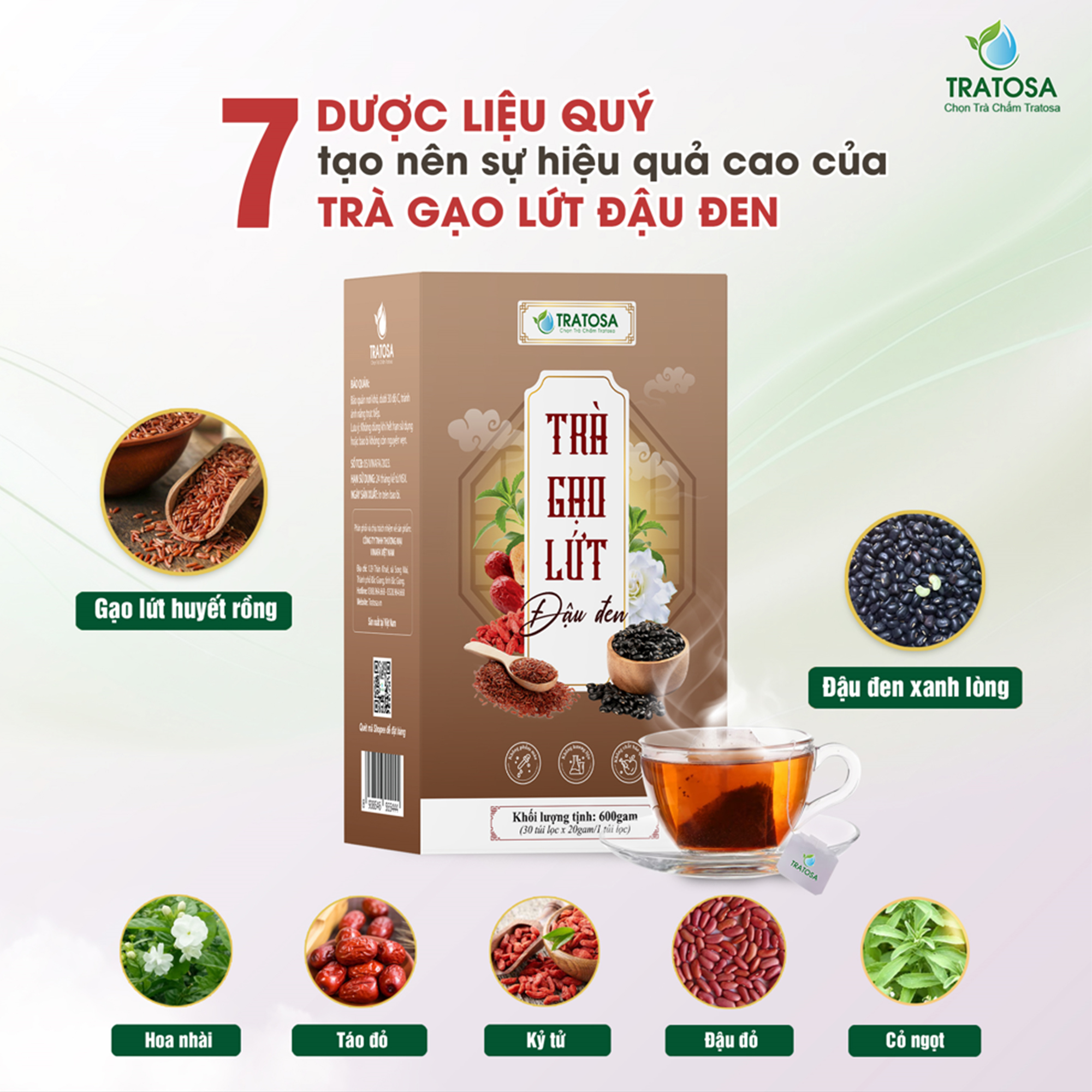 Trà Gạo Lứt Đậu Đen TRATOSA ( 600g) 7 dược liệu quý trong trà gạo lứt đậu đen