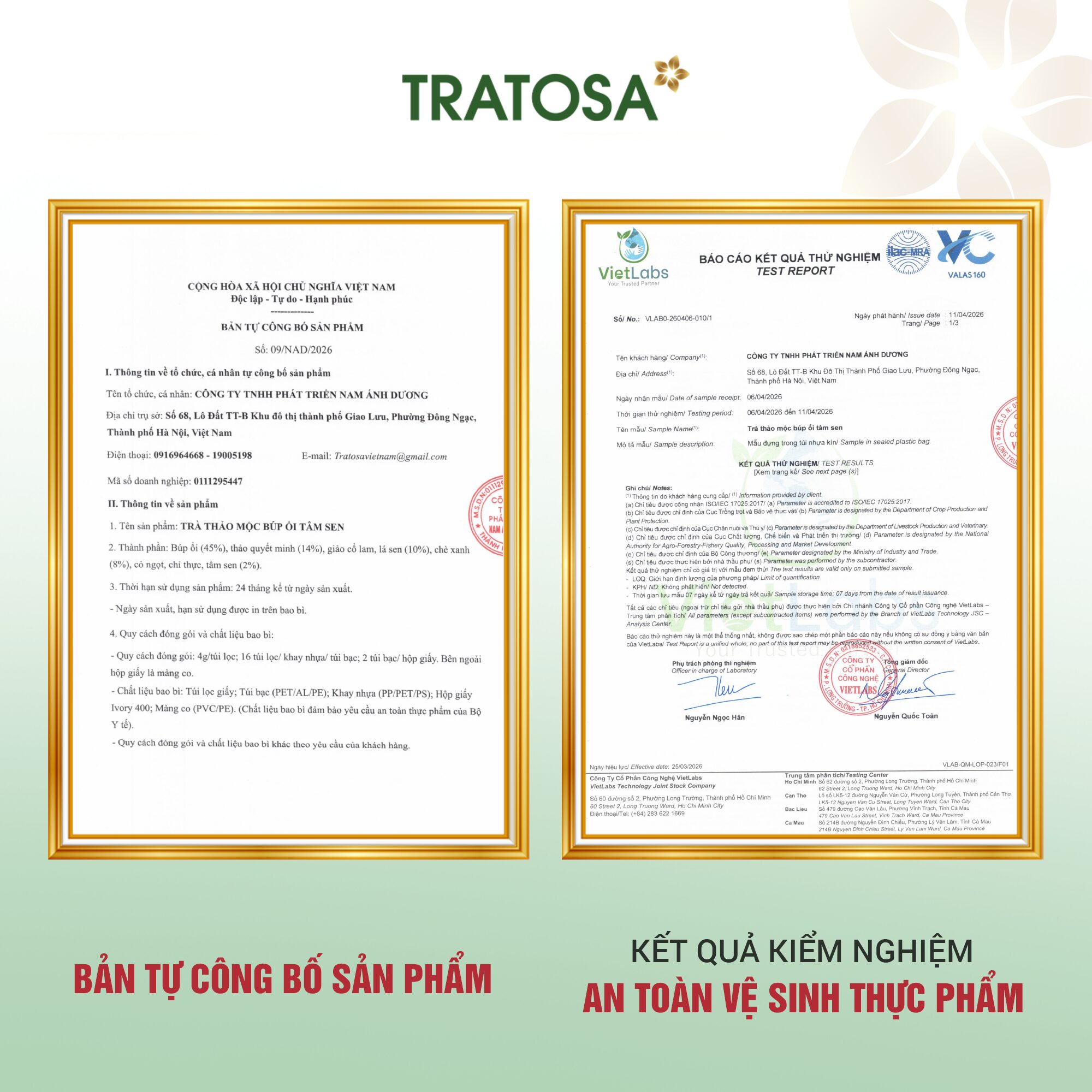 Trà Búp Ổi Tâm Sen Bản tự công bố sản phẩm và kết quả kiểm nghiệm Trà Búp Ổi Tâm Sen TRATOSA
