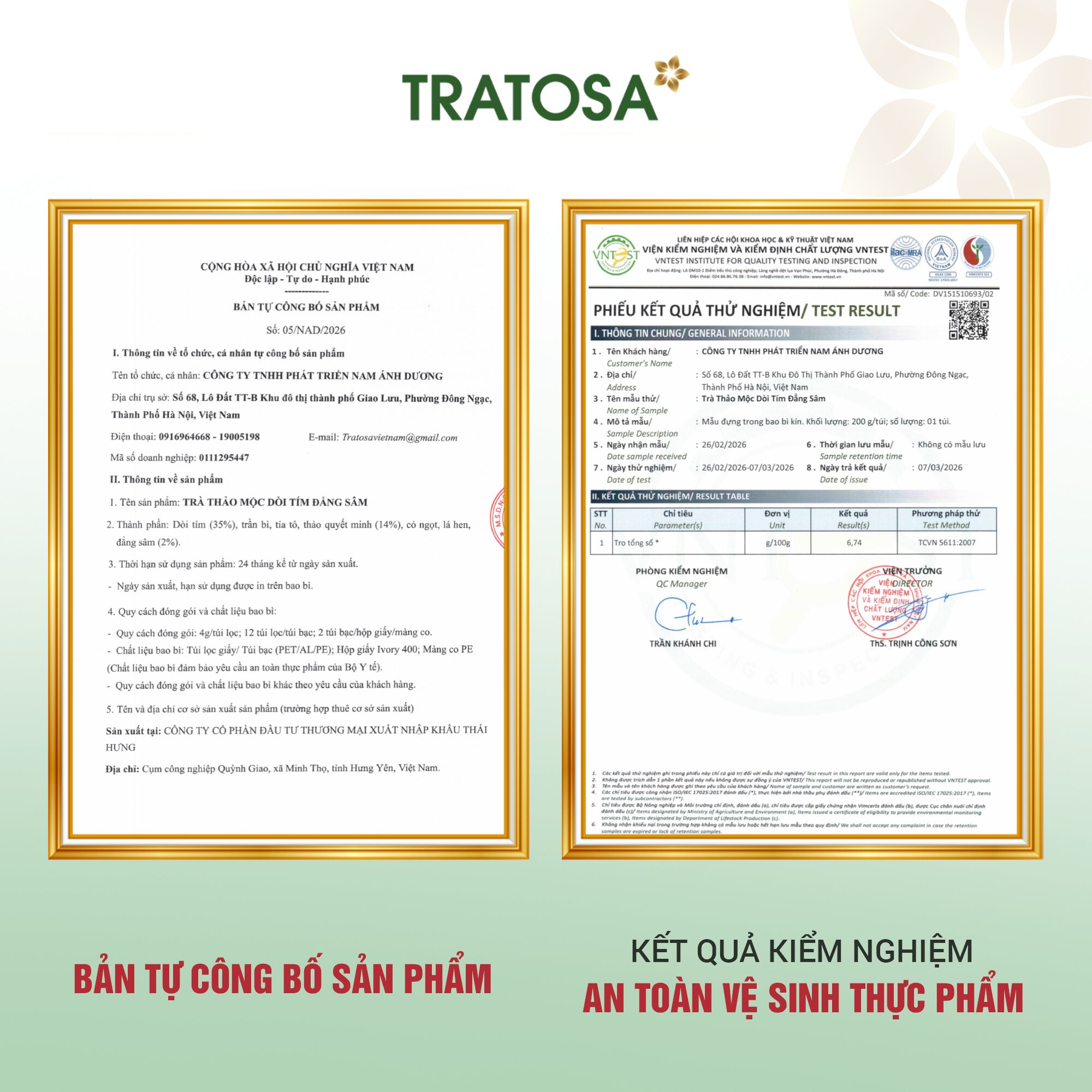 Trà Dòi Tím Đẳng Sâm Bản tự công bố sản phẩm và kết quả kiểm nghiệm Trà Dòi Tím Đẳng Sâm TRATOSA