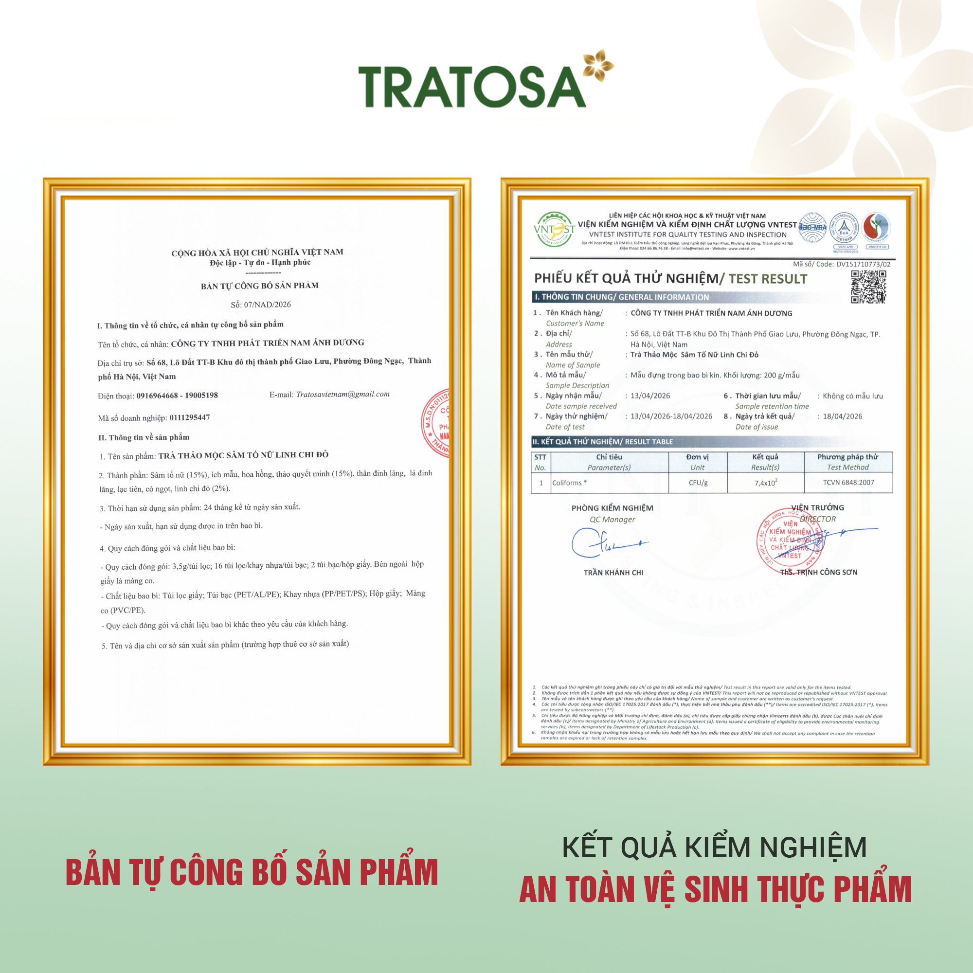 Trà Sâm Tố Nữ Linh Chi Đỏ Phiếu công bố và kiểm nghiệm Trà Sâm Tố Nữ Linh Chi Đỏ