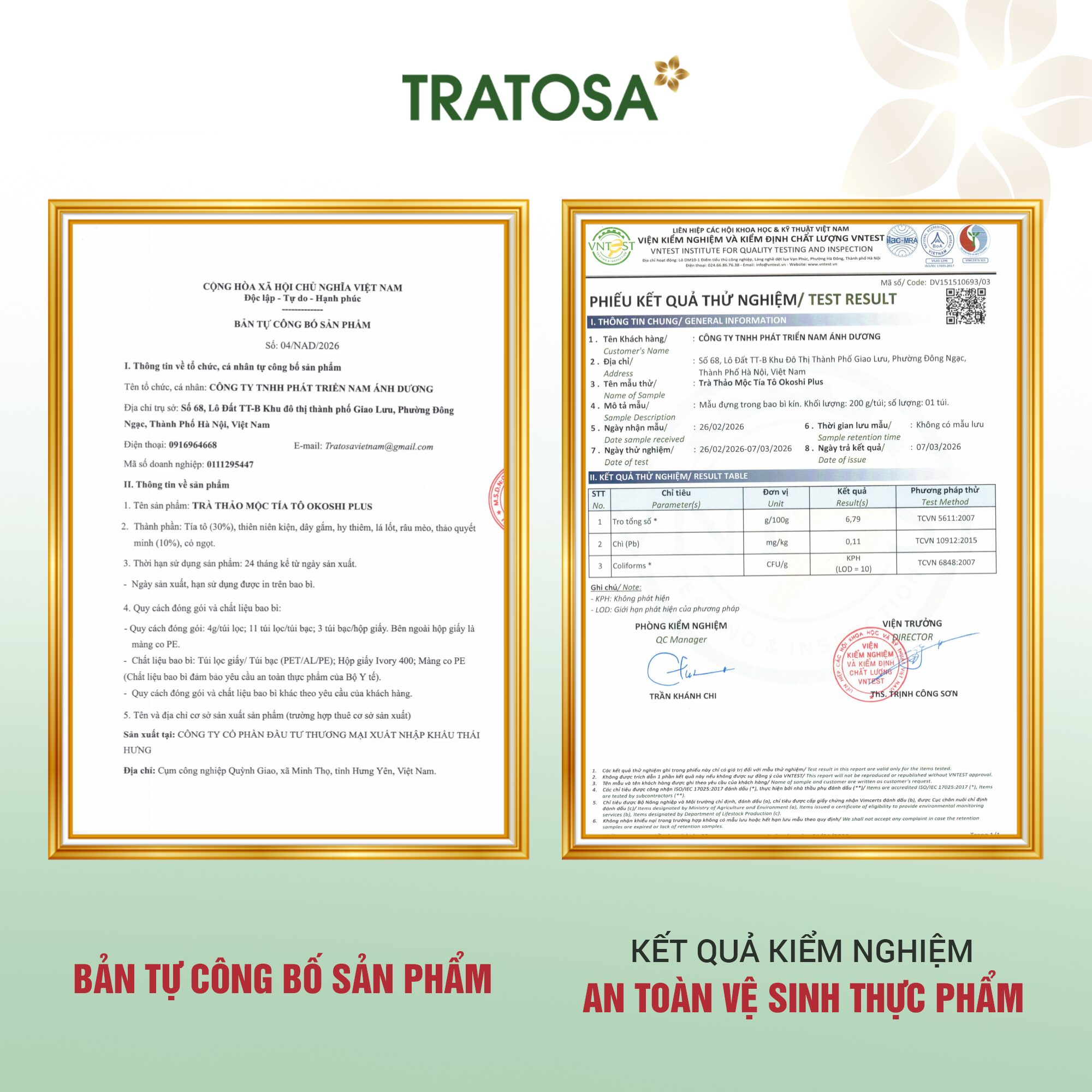 Hồ sơ kiểm nghiệm Trà Tía Tô Okoshi Plus TRATOSA Phiếu công bố sản phẩm Trà Tía Tô Okoshi Plus TRATOSA