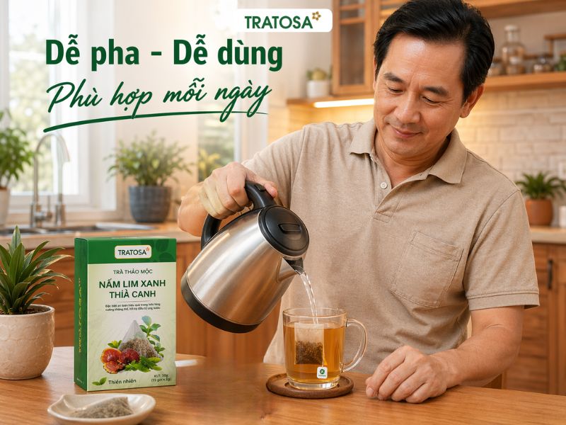 pha trà nấm lim xanh túi lọc Tratosa tại bàn làm việc