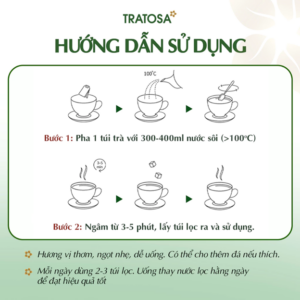 Hướng dẫn pha trà tía tô Tratosa với 300-400ml nước sôi, ngâm 3-5 phút trước khi uống