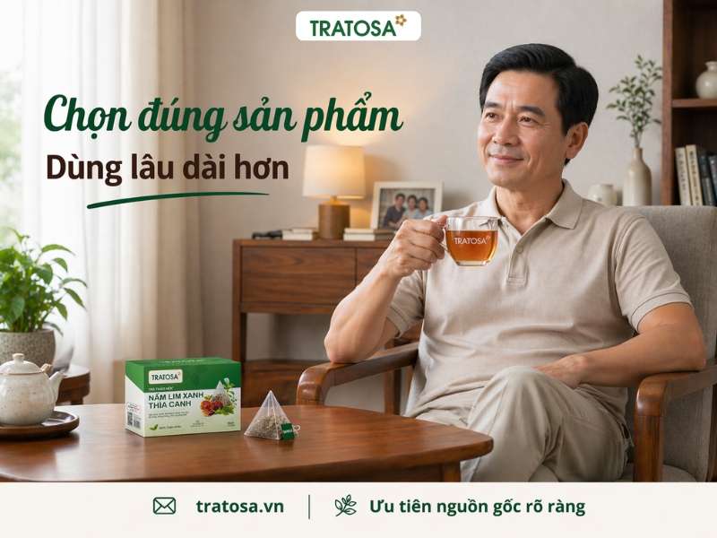 Người trung niên uống trà nấm lim xanh thìa canh Ninh Bình TRATOSA trong phòng khách