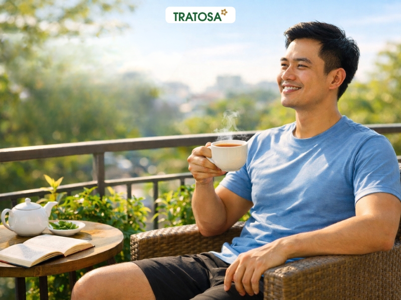 Nam giới uống trà thư giãn ngoài ban công buổi sáng