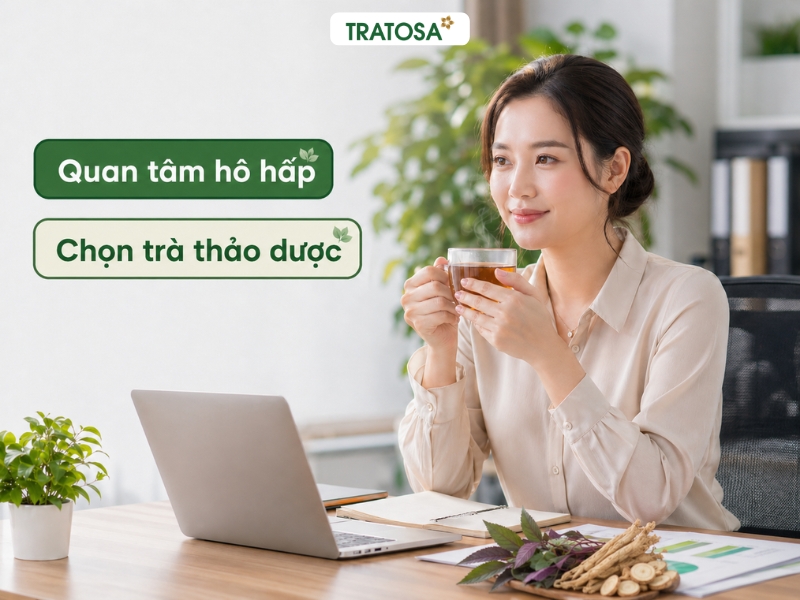Nữ nhân viên văn phòng uống trà thảo dược, tìm hiểu trà dòi tím đẳng sâm có tác dụng gì với hô hấp