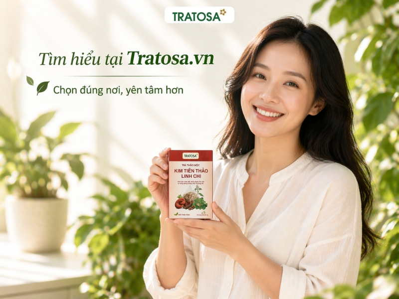 Cô gái cầm hộp trà kim tiền thảo linh chi Tratosa chính hãng, giới thiệu sản phẩm rõ ràng, dễ lựa chọn
