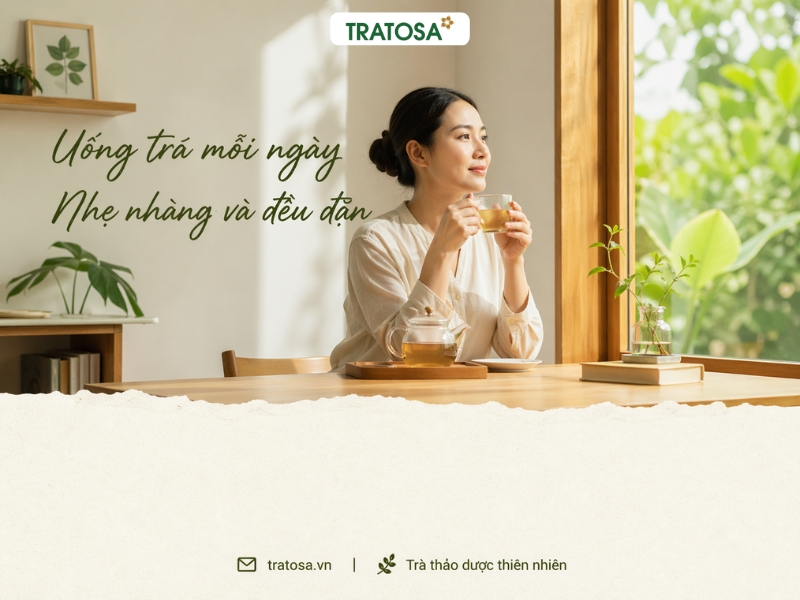 Phụ nữ uống trà kim tiền thảo buổi sáng bên cửa sổ, không gian tự nhiên, thói quen uống trà mỗi ngày