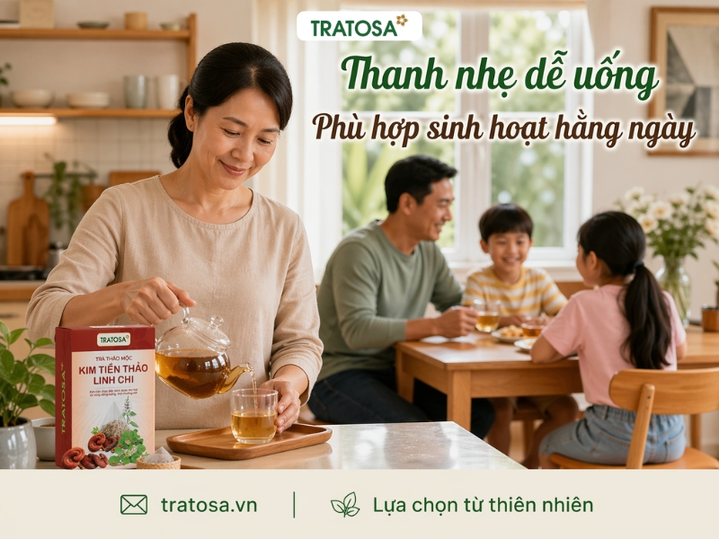Phụ nữ pha trà kim tiền thảo linh chi TRATOSA trong bếp, sản phẩm đặt trên bàn, phù hợp dùng hằng ngày cho gia đình