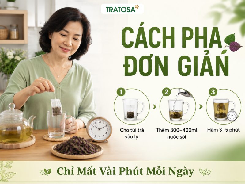 Cách pha trà tía tô với túi trà, nước sôi và thời gian hãm trà từ 3 đến 5 phút