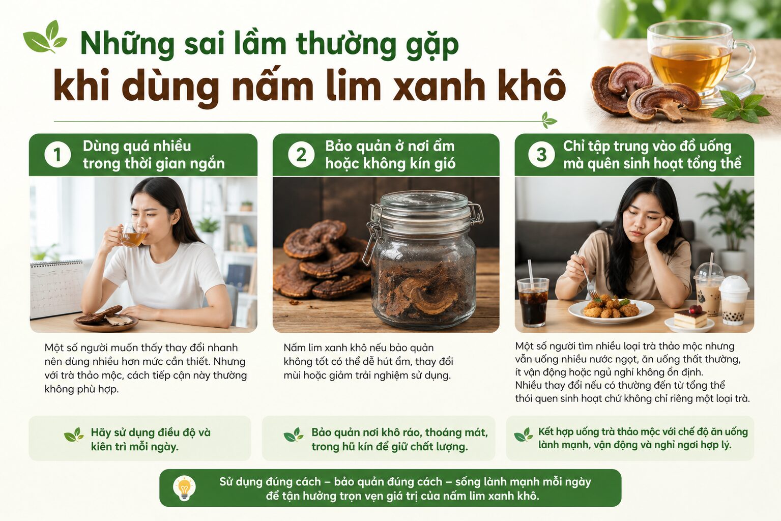 Cách sử dụng nấm lim xanh khô đúng cách tránh các sai lầm thường gặp khi dùng trà thảo mộc