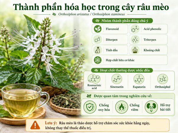 Cây râu mèo có tác dụng gì? Cách dùng và lưu ý an toàn Thành phần hoạt chất trong cây râu mèo Orthosiphon aristatus