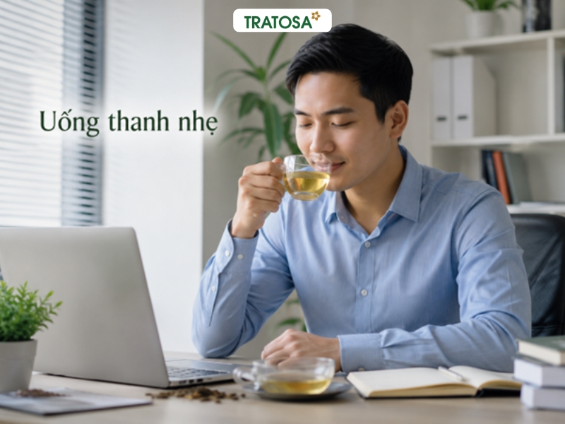 Cây râu mèo có tác dụng gì? Cách dùng và lưu ý an toàn Người trẻ uống trà cây râu mèo trong môi trường làm việc văn phòng