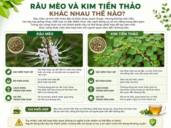 Cây râu mèo có tác dụng gì? Cách dùng và lưu ý an toàn So sánh cây râu mèo và kim tiền thảo trong trà thảo dược