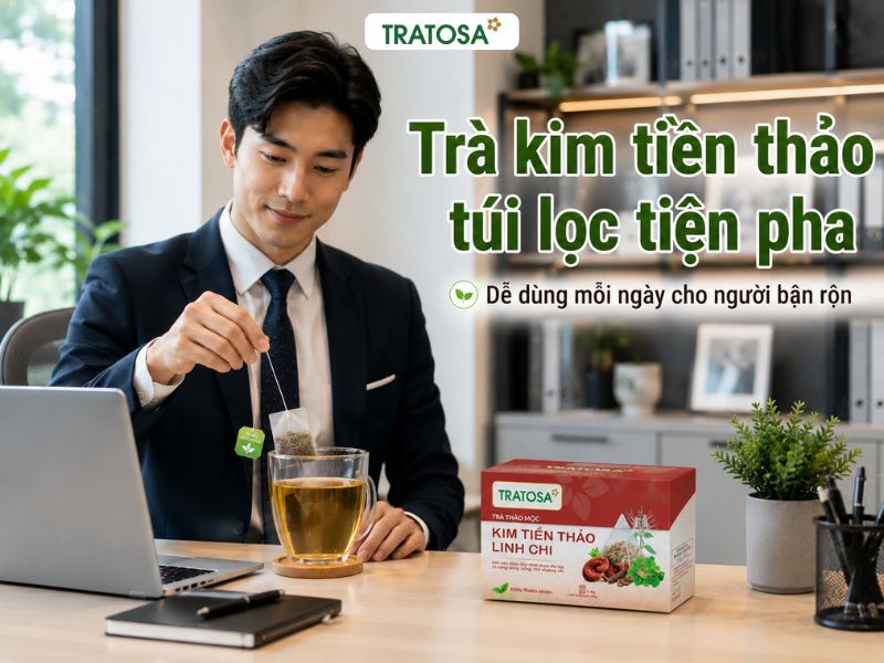 Trà kim tiền thảo loại nào tốt? Tiêu chí chọn trà rõ nguồn gốc Nam nhân viên pha trà kim tiền thảo túi lọc tiện lợi tại văn phòng