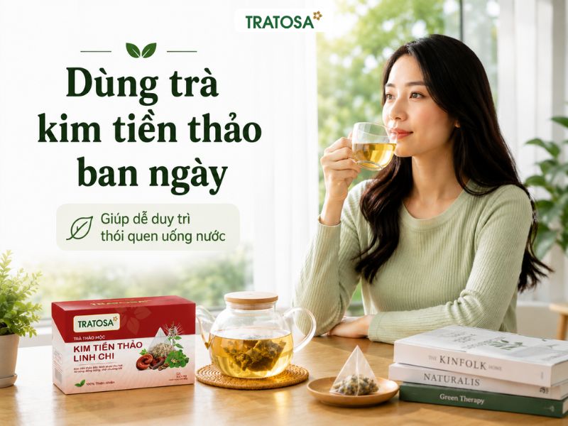 Cô gái uống trà kim tiền thảo ban ngày bên cửa sổ sáng tự nhiên