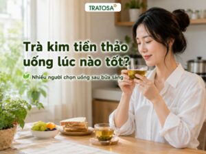 Phụ nữ uống trà kim tiền thảo sau bữa sáng trong không gian thư giãn