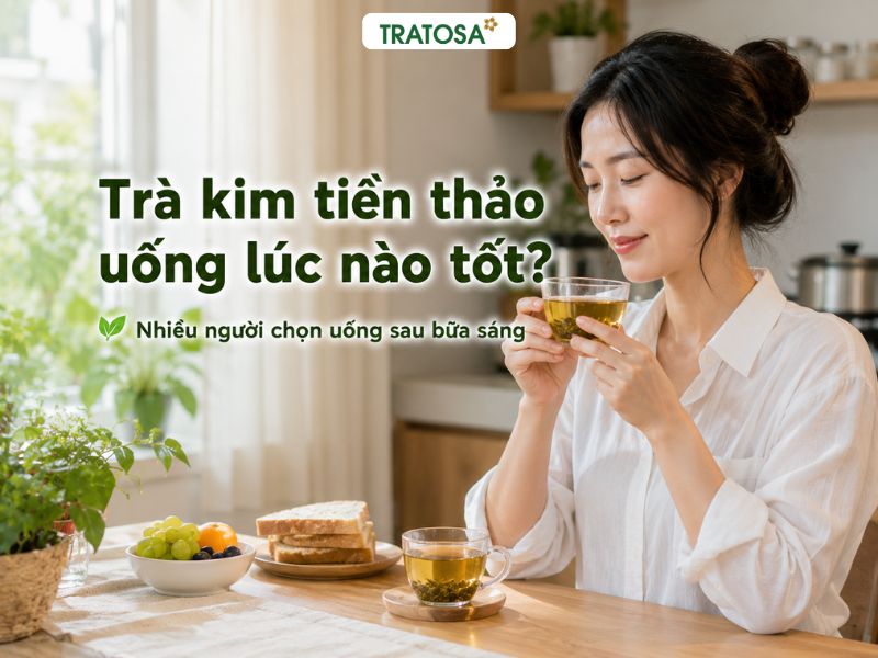 Phụ nữ uống trà kim tiền thảo sau bữa sáng trong không gian thư giãn