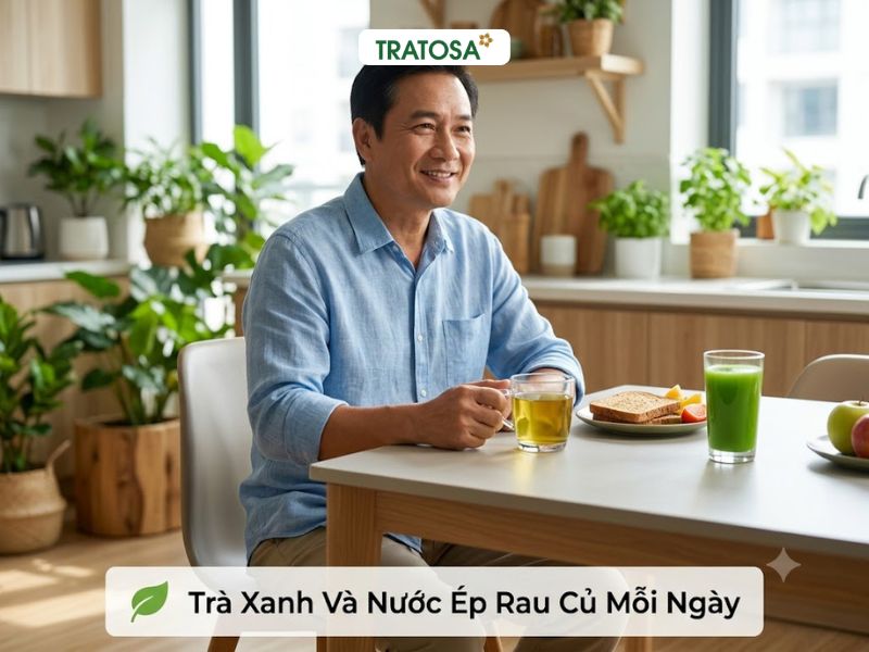 Trà xanh và nước ép rau củ là hai lựa chọn giúp bổ sung chất chống oxy hóa và hỗ trợ lối sống lành mạnh cho người gout.