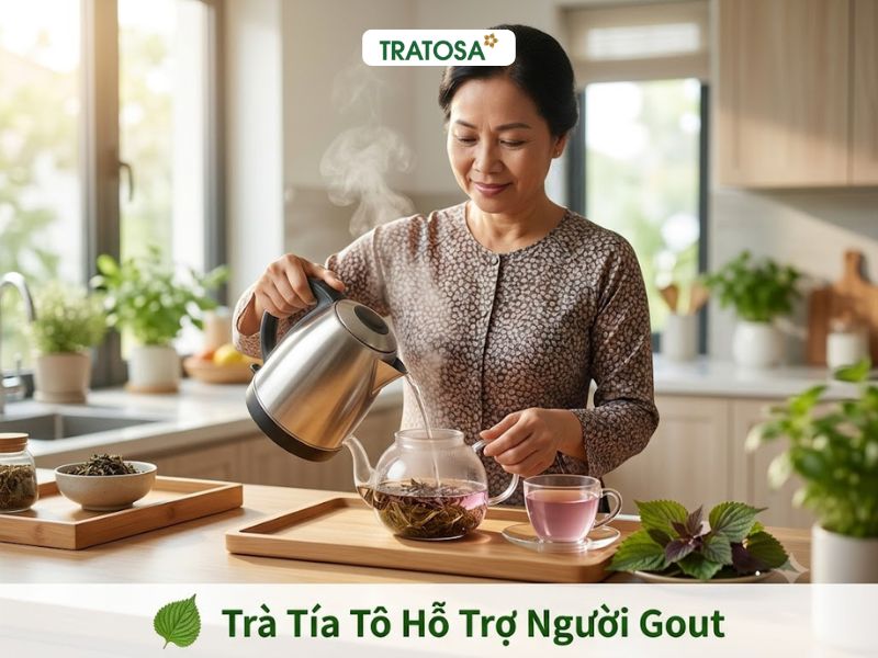 Acid uric cao nên uống gì? Trà tía tô là đồ uống thảo mộc được nhiều người quan tâm khi hỗ trợ kiểm soát gout.