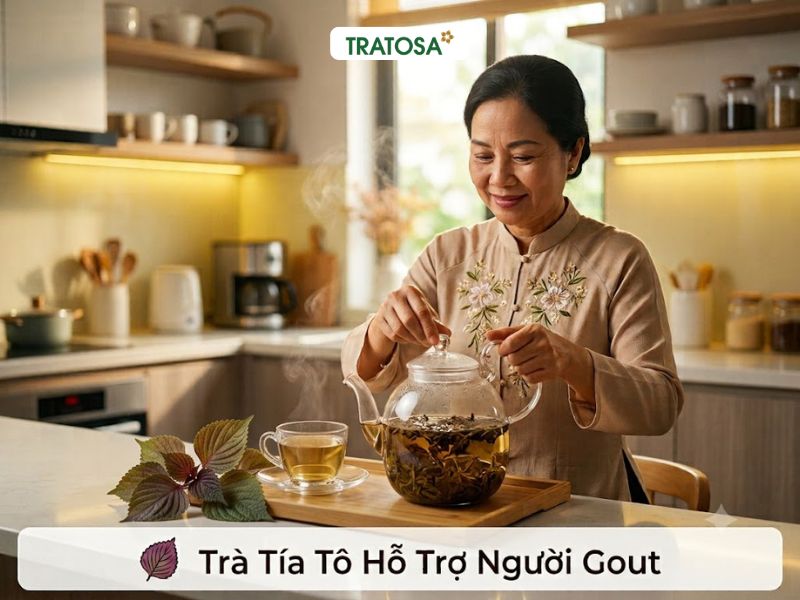 Bị gout nên uống gì? Trà tía tô là đồ uống thảo mộc được nhiều người gout lựa chọn để hỗ trợ kiểm soát acid uric.