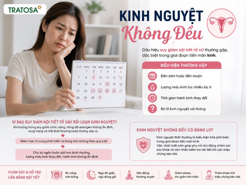 Kinh nguyệt không đều là một trong các dấu hiệu suy giảm nội tiết tố nữ