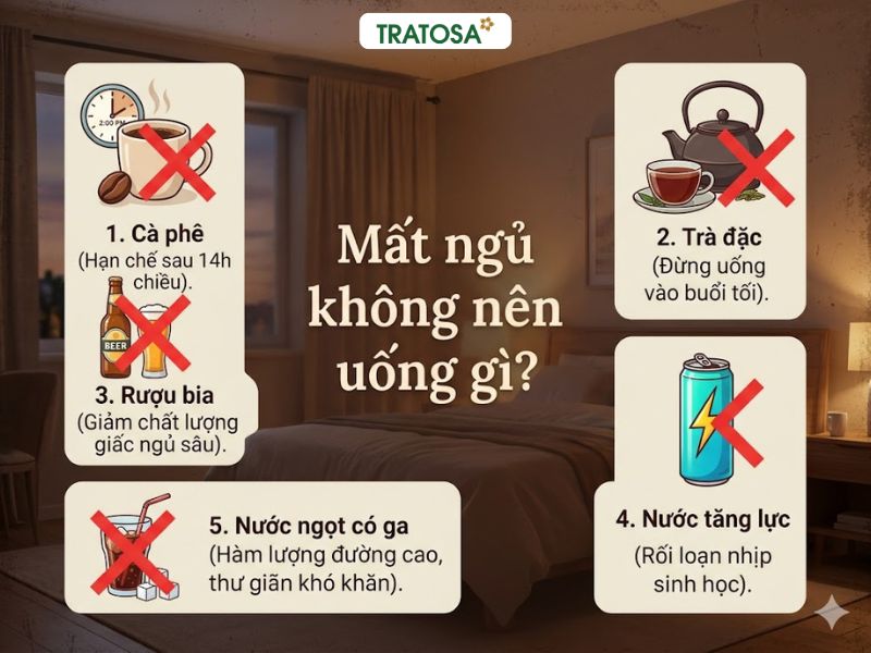 Sơ đồ các loại đồ uống gây mất ngủ như cà phê, rượu bia, nước tăng lực