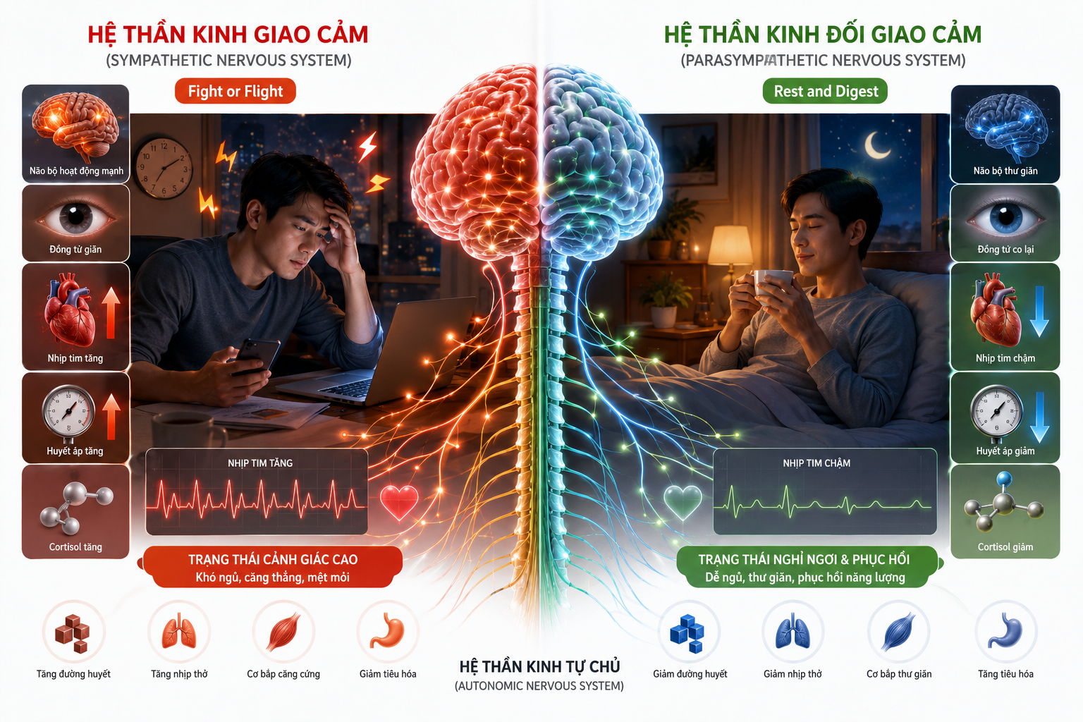 Minh họa y khoa so sánh hệ thần kinh giao cảm và hệ thần kinh đối giao cảm ảnh hưởng đến giấc ngủ, giúp giải thích vì sao ngủ không sâu giấc và nên uống gì để thư giãn, hỗ trợ ngủ ngon.