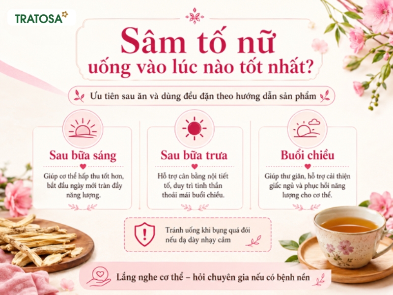 Sâm tố nữ uống vào lúc nào tốt nhất? Cách dùng và lưu ý cho phụ nữ sau 30 Các thời điểm tham khảo để uống sâm tố nữ như sau bữa sáng, trưa hoặc chiều
