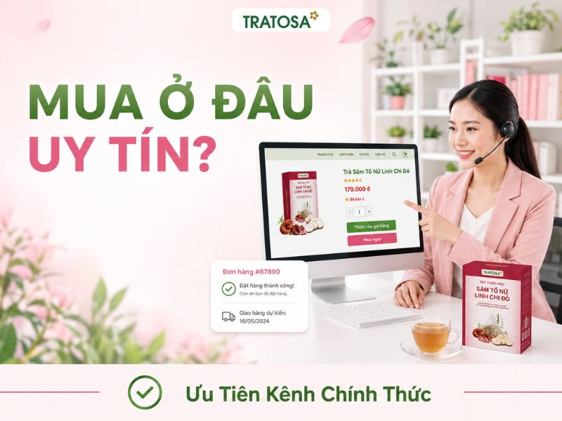 Tư vấn viên hướng dẫn khách hàng mua Trà Sâm Tố Nữ Linh Chi Đỏ chính hãng