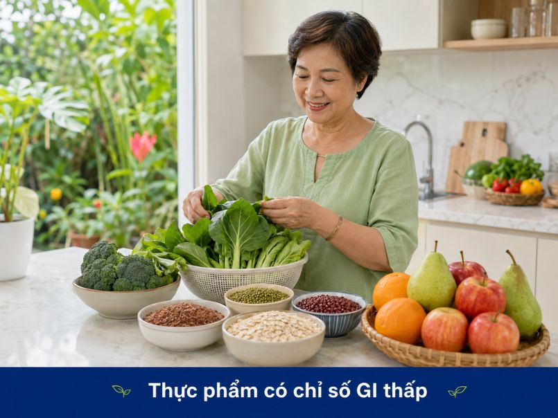 Tìm Hiểu Bảng Chỉ Số Đường Huyết Của Thực Phẩm Và Cách Xây Dựng Thực Đơn Cân Bằng Rau xanh, ngũ cốc nguyên hạt và trái cây có chỉ số đường huyết thấp
