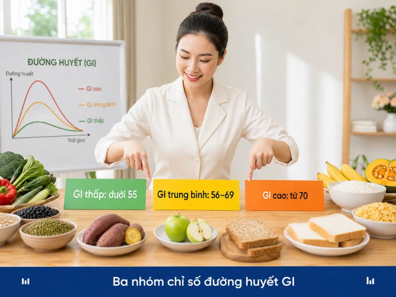 Tìm Hiểu Bảng Chỉ Số Đường Huyết Của Thực Phẩm Và Cách Xây Dựng Thực Đơn Cân Bằng Rau xanh, ngũ cốc nguyên hạt và trái cây có chỉ số đường huyết thấp