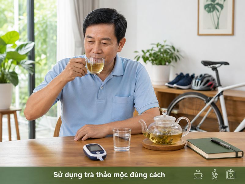 Trà Thảo Mộc Cho Người Bị Tiểu Đường Nên Uống Loại Nào Để Hỗ Trợ Giảm Đường Huyết? Người đàn ông uống trà thảo mộc và theo dõi đường huyết