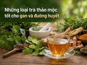 Tách trà thảo mộc bên các loại thảo dược tốt cho gan và đường huyết