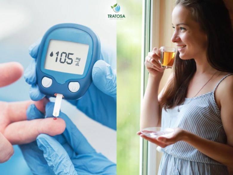 Người tiểu đường nên uống gì thay nước ngọt? 7 lựa chọn dễ áp dụng Ảnh ghép máy đo đường huyết hiển thị 105 mg/dL và người phụ nữ cầm tách trà.
