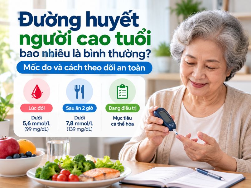 Từ khoá: đường huyết người cao tuổi bao nhiêu là bình thường Tiêu đề: Đường huyết người cao tuổi bao nhiêu là bình thường? Mốc đo và cách theo dõi an toàn Mô tả: Giải đáp đường huyết người cao tuổi bao nhiêu là bình thường khi đói, sau ăn và khi đang kiểm soát tiểu đường. ================== Nhiều gia đình lo lắng khi thấy chỉ số đường huyết của cha mẹ, ông bà thay đổi theo bữa ăn hoặc thời điểm đo. Câu hỏi đường huyết người cao tuổi bao nhiêu là bình thường cần được trả lời theo hai bối cảnh: người chưa mắc tiểu đường và người đang điều trị đái tháo đường. Không có một con số duy nhất áp dụng cho mọi người trên 60 tuổi, vì mục tiêu còn phụ thuộc bệnh nền, chức năng thận, vận động, nhận thức và nguy cơ hạ đường huyết. Ở người chưa mắc tiểu đường, đường huyết lúc đói dưới 5,6 mmol/L (99 mg/dL) và 2 giờ sau nghiệm pháp dung nạp glucose dưới 7,8 mmol/L (139 mg/dL) thường nằm trong vùng bình thường. Nếu đã mắc bệnh, mục tiêu được cá thể hóa; người cao tuổi khỏe mạnh có thể hướng đến 4,4–7,2 mmol/L trước ăn, còn người nhiều bệnh nền có thể cần ngưỡng rộng hơn để tránh hạ đường huyết. Các mốc đường huyết cần biết ở người trên 60 tuổi 1. Người chưa được chẩn đoán tiểu đường Bảng dưới đây giúp tham khảo chỉ số đường huyết bình thường và các ngưỡng cần kiểm tra thêm. Đây là ngưỡng xét nghiệm sàng lọc, không phải căn cứ tự kết luận bệnh từ một lần đo tại nhà. Xét nghiệm Bình thường Tiền tiểu đường Ngưỡng gợi ý tiểu đường HbA1c Dưới 5,7% 5,7–6,4% Từ 6,5% Đường huyết lúc đói Dưới 5,6 mmol/L 5,6–6,9 mmol/L Từ 7,0 mmol/L Đường huyết 2 giờ sau nghiệm pháp 75 g glucose Dưới 7,8 mmol/L 7,8–11,0 mmol/L Từ 11,1 mmol/L Đường huyết bất kỳ kèm triệu chứng Không áp dụng Không áp dụng Từ 11,1 mmol/L Dưới 99 mg/dL là bình thường, 100–125 mg/dL là tiền tiểu đường và từ 126 mg/dL là ngưỡng tiểu đường lúc đói; xét nghiệm 2 giờ lần lượt là dưới 140, 140–199 và từ 200 mg/dL. Chẩn đoán thường cần xét nghiệm xác nhận hoặc bác sĩ đánh giá theo triệu chứng. 2. Người cao tuổi đang mắc đái tháo đường Với người đã được chẩn đoán, câu hỏi đường huyết người cao tuổi bao nhiêu là bình thường nên chuyển thành: “Mục tiêu nào phù hợp và an toàn?”. Tình trạng sức khỏe HbA1c tham khảo Trước ăn/lúc đói Trước khi ngủ Khỏe, ít bệnh kèm, còn minh mẫn và tự chăm sóc Dưới 7,0–7,5% 4,4–7,2 mmol/L 4,4–10,0 mmol/L Có nhiều bệnh mạn tính, suy giảm chức năng hoặc nhận thức nhẹ–vừa Dưới 8,0% 5,0–8,3 mmol/L 5,6–10,0 mmol/L Sức khỏe rất yếu, bệnh giai đoạn nặng hoặc suy giảm nhận thức nặng Không nên chỉ dựa vào HbA1c 5,6–10,0 mmol/L 6,1–11,1 mmol/L Đây là mốc tham khảo cho mục tiêu điều trị, không phải “mức bình thường” của người khỏe mạnh. Bác sĩ có thể điều chỉnh theo thuốc, nguy cơ té ngã, khả năng ăn uống và mục tiêu chăm sóc. Ở người rất yếu, ưu tiên là tránh hạ đường huyết và tăng đường huyết gây triệu chứng, thay vì cố đưa chỉ số về thật thấp. Vì sao đường huyết người cao tuổi cần được đánh giá riêng? Tuổi cao thường đi kèm giảm khối cơ, ít vận động và thay đổi độ nhạy insulin, khiến đường huyết dễ dao động. Bệnh nền và nhiều thuốc cũng làm kiểm soát glucose phức tạp hơn. Đặc biệt, hạ đường huyết ở người cao tuổi có thể nguy hiểm không kém đường huyết cao. Người từ 65 tuổi, người dùng insulin hoặc một số thuốc hạ đường huyết, người bệnh thận, tim mạch hay suy giảm nhận thức có nguy cơ cao hơn. Dấu hiệu gồm run, đói, vã mồ hôi, chóng mặt, lú lẫn, nhìn hoặc nói khó; trường hợp nặng có thể co giật hoặc mất ý thức. Ngược lại, tăng đường huyết kéo dài có thể gây tổn thương mạch máu, mắt, thận, thần kinh, tim và não. Phát hiện sớm, lối sống lành mạnh và điều trị phù hợp giúp phòng ngừa hoặc trì hoãn biến chứng. Cách đo đường huyết đúng và dễ theo dõi tại nhà Đo đường huyết lúc đói Đường huyết lúc đói thường được đo sau ít nhất 8 giờ không ăn, vào buổi sáng trước bữa sáng. Nên rửa tay, kiểm tra que thử và ghi lại thời điểm, kết quả, bữa ăn hoặc thuốc đã dùng. Máy đo cá nhân hữu ích để theo dõi xu hướng, nhưng không dùng một kết quả tại nhà để chẩn đoán tiểu đường. Nếu chỉ số lúc đói nhiều lần từ 7,0 mmol/L, người cao tuổi nên làm xét nghiệm tại cơ sở y tế. Đo đường huyết sau ăn 2 giờ Thời điểm phù hợp là khoảng 2 giờ tính từ lúc bắt đầu bữa ăn. Nên ghi món ăn và lượng ăn; một lần tăng nhẹ chưa đủ kết luận, cần chú ý xu hướng lặp lại. Cách ổn định đường huyết người cao tuổi an toàn hơn Ăn đủ bữa, giảm đường tự do Người cao tuổi không nên tự nhịn ăn hoặc cắt hoàn toàn tinh bột, nhất là khi dùng insulin hay thuốc hạ đường huyết. Nên ăn khẩu phần vừa phải, tăng rau, đạm phù hợp, đậu và ngũ cốc nguyên hạt; hạn chế nước ngọt, trà sữa, bánh kẹo và nước ép thêm đường. Thực đơn nên được cá nhân hóa. Vận động vừa sức Đi bộ chậm, tập thăng bằng, đạp xe tại chỗ hoặc tập sức mạnh nhẹ có thể phù hợp nếu bác sĩ không chống chỉ định. Người lớn tuổi duy trì hoạt động theo khả năng; người có bệnh tim, đau khớp, yếu cơ hoặc từng hạ đường huyết khi vận động nên hỏi chuyên gia trước. Duy trì lịch thuốc và tái khám Không tự ý bỏ thuốc, tăng liều hoặc dùng thảo dược để thay thuốc. Nên mang danh sách thuốc, kết quả đo và triệu chứng khi tái khám. nên kiểm soát tiểu đường cần phối hợp lối sống, thuốc khi cần và theo dõi biến chứng. Người cao tuổi có nên uống trà thảo dược để chăm sóc đường huyết? Một tách trà không đường có thể thay thế nước ngọt hoặc đồ uống nhiều năng lượng. Tuy nhiên, trà thảo dược không phải thuốc hạ đường huyết; bằng chứng về hiệu quả và độ an toàn của nhiều sản phẩm còn hạn chế, một số loại có thể tương tác với thuốc tiểu đường. Nếu muốn bổ sung đồ uống thảo mộc, hãy chọn sản phẩm có nhãn thành phần rõ ràng, không thêm đường, nguồn gốc minh bạch và dùng đúng hướng dẫn. Tratosa hướng tới dược liệu bản địa, kết hợp cổ phương với quy trình hiện đại; điều đó không đồng nghĩa sản phẩm có tác dụng điều trị. Trong nhóm sản phẩm liên quan, có thể tham khảo Trà Nấm Lim Xanh Thìa Canh Tratosa. Theo thông tin sản phẩm, trà gồm dây thìa canh, nấm lim xanh, khổ qua, lá ổi và một số thảo mộc khác; sản phẩm dành cho người trưởng thành và ghi rõ không thay thế thuốc. Người cao tuổi cần đọc kỹ thành phần, nhất là khi đang dùng thuốc hạ đường huyết, thuốc chống đông, thuốc huyết áp hoặc có bệnh thận. Bạn có thể đọc thêm bài tiểu đường nên uống trà gì và đường huyết cao nên uống gì để tham khảo đồ uống ít đường. Ai cần hỏi ý kiến chuyên gia trước khi dùng? Người có bệnh nền, phụ nữ mang thai hoặc cho con bú, người đang dùng thuốc, dị ứng thảo dược, bệnh gan, bệnh thận hoặc thường hạ đường huyết nên hỏi bác sĩ, dược sĩ trước khi dùng. Vậy đường huyết người cao tuổi bao nhiêu là bình thường? Với người chưa mắc tiểu đường, đường huyết lúc đói dưới 5,6 mmol/L và sau nghiệm pháp 2 giờ dưới 7,8 mmol/L thường thuộc vùng bình thường. Với người đã mắc bệnh, mục tiêu phải cá thể hóa và ưu tiên tránh hạ đường huyết. Kiểm soát đường huyết bắt đầu từ cách ăn, vận động, dùng thuốc đúng hướng dẫn và tái khám. Trà thảo dược Tratosa có thể là đồ uống không đường khi phù hợp, nhưng không thay thế thuốc, xét nghiệm hay phác đồ điều trị. Đường huyết người cao tuổi bao nhiêu là bình thường