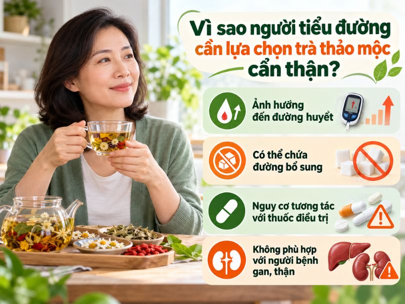 Cách chọn trà thảo mộc cho người tiểu đường an toàn Người phụ nữ uống trà thảo mộc và các lưu ý về đường bổ sung, tương tác thuốc điều trị tiểu đường
