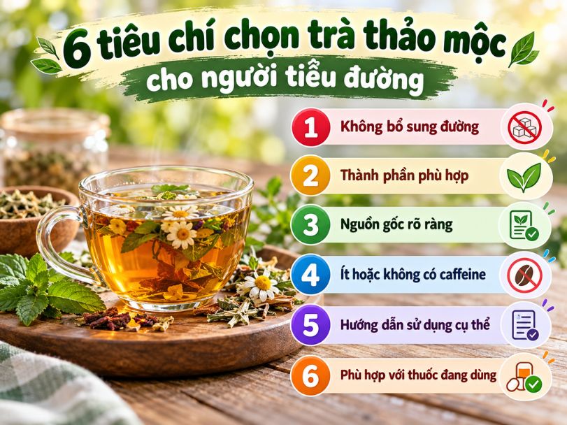 Cách chọn trà thảo mộc cho người tiểu đường an toàn Infographic 6 tiêu chí chọn trà thảo mộc cho người tiểu đường gồm thành phần, nguồn gốc, caffeine và hướng dẫn sử dụng