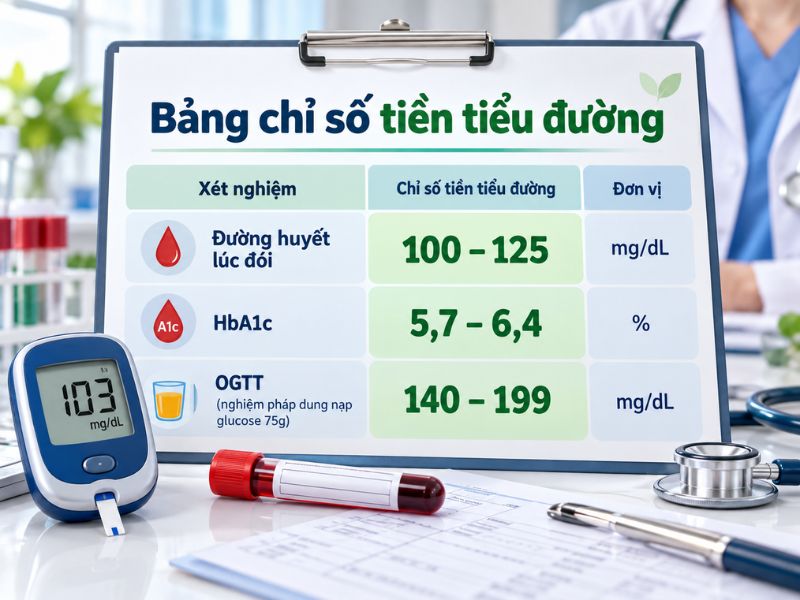 Bảng chỉ số đường huyết tiền tiểu đường theo FPG HbA1c và OGTT