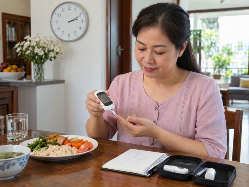 Người phụ nữ kiểm tra đường huyết lúc đói bằng máy đo cá nhân và ghi lại kết quả