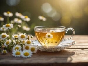 Tách trà hoa cúc vàng cùng hoa cúc khô trên bàn gỗ, phù hợp dùng trong thói quen thư giãn buổi tối