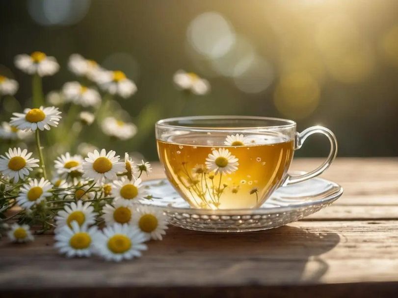 Tách trà hoa cúc vàng cùng hoa cúc khô trên bàn gỗ, phù hợp dùng trong thói quen thư giãn buổi tối