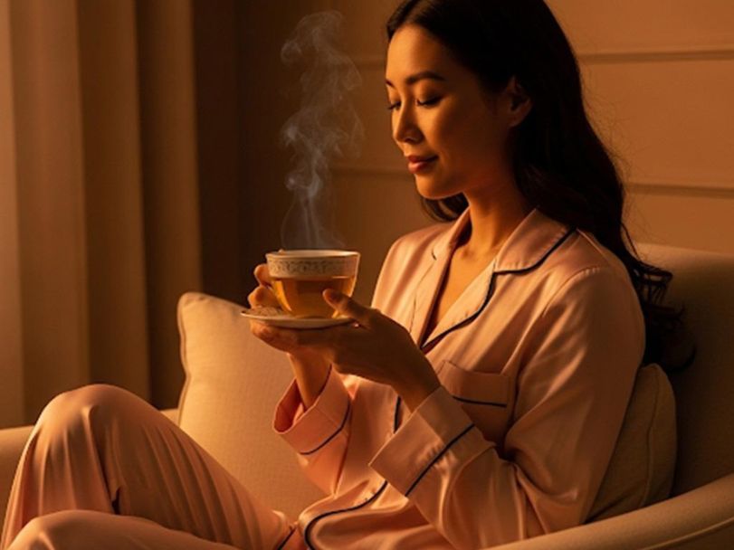 Trà thảo mộc cho người khó ngủ nên chọn loại nào? Người phụ nữ thưởng thức tách trà thảo mộc ấm trong không gian yên tĩnh trước giờ ngủ