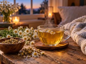 Tách trà hoa cúc ấm bên những bông hoa cúc trắng trong không gian thư giãn buổi tối