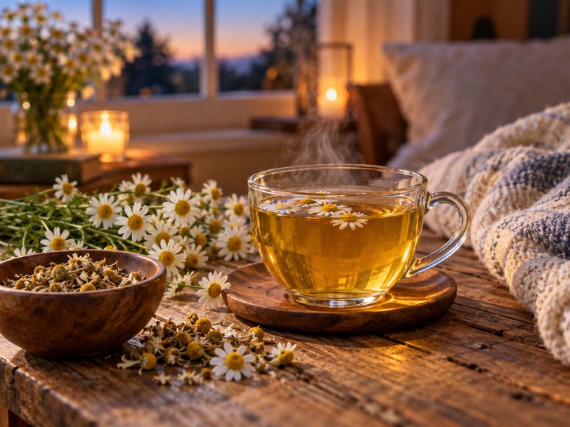 Tách trà hoa cúc ấm bên những bông hoa cúc trắng trong không gian thư giãn buổi tối