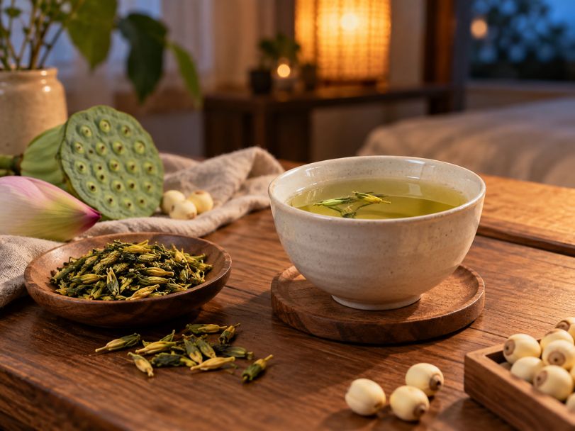 Bát trà tâm sen ấm đặt cạnh tâm sen khô, gương sen và hạt sen trên bàn gỗ