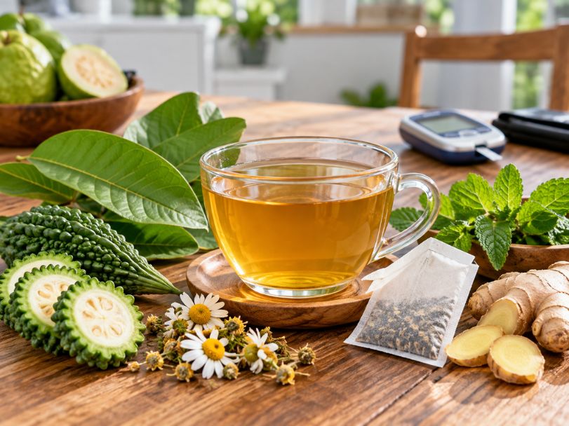 Trà thảo mộc không đường cho người tiểu đường chọn thế nào? Ly trà thảo mộc cùng khổ qua, gừng, hoa cúc và túi trà khô trên bàn gỗ