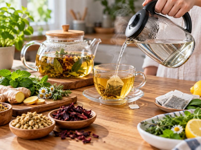 Trà thảo mộc không đường cho người tiểu đường chọn thế nào? Pha trà thảo mộc bằng nước nóng với túi lọc trong cốc thủy tinh và các nguyên liệu tự nhiên