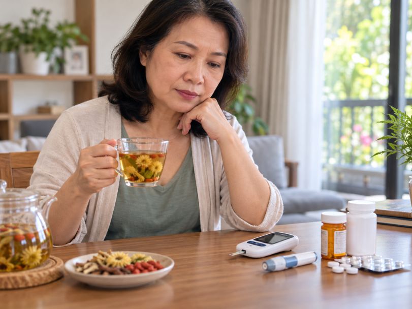 Pha trà thảo mộc bằng nước nóng với túi lọc trong cốc thủy tinh và các nguyên liệu tự nhiên